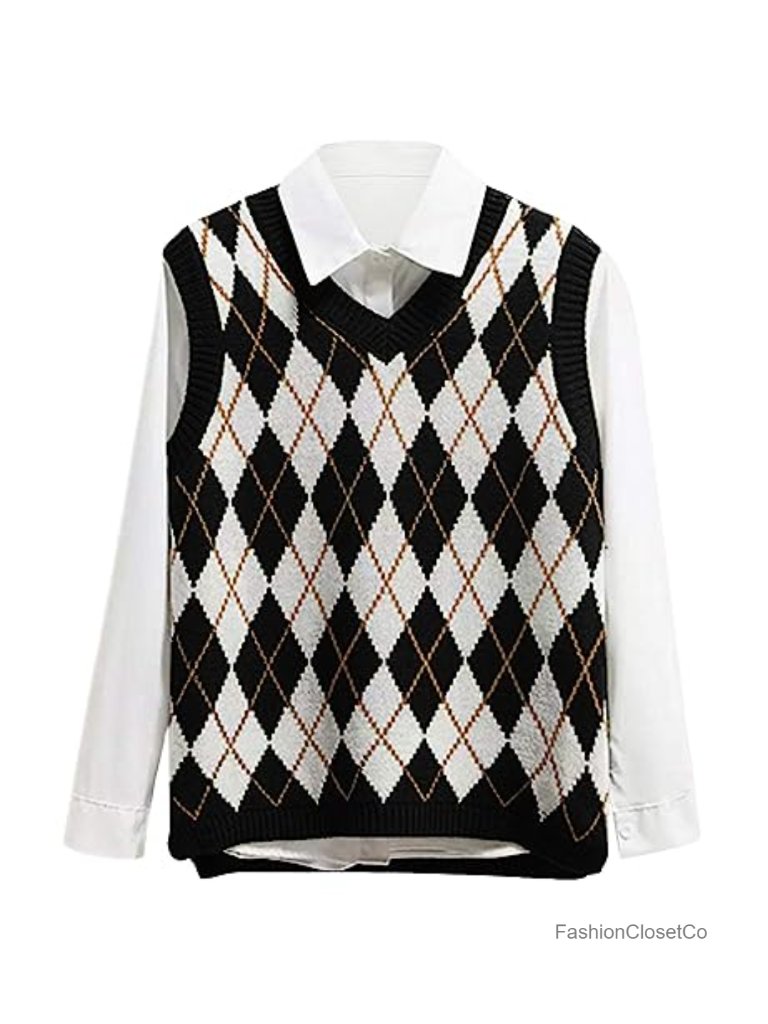 V Neck Knit Sweater Vest Argyle Plaid Preppy Crop Tank Top Sleeveless